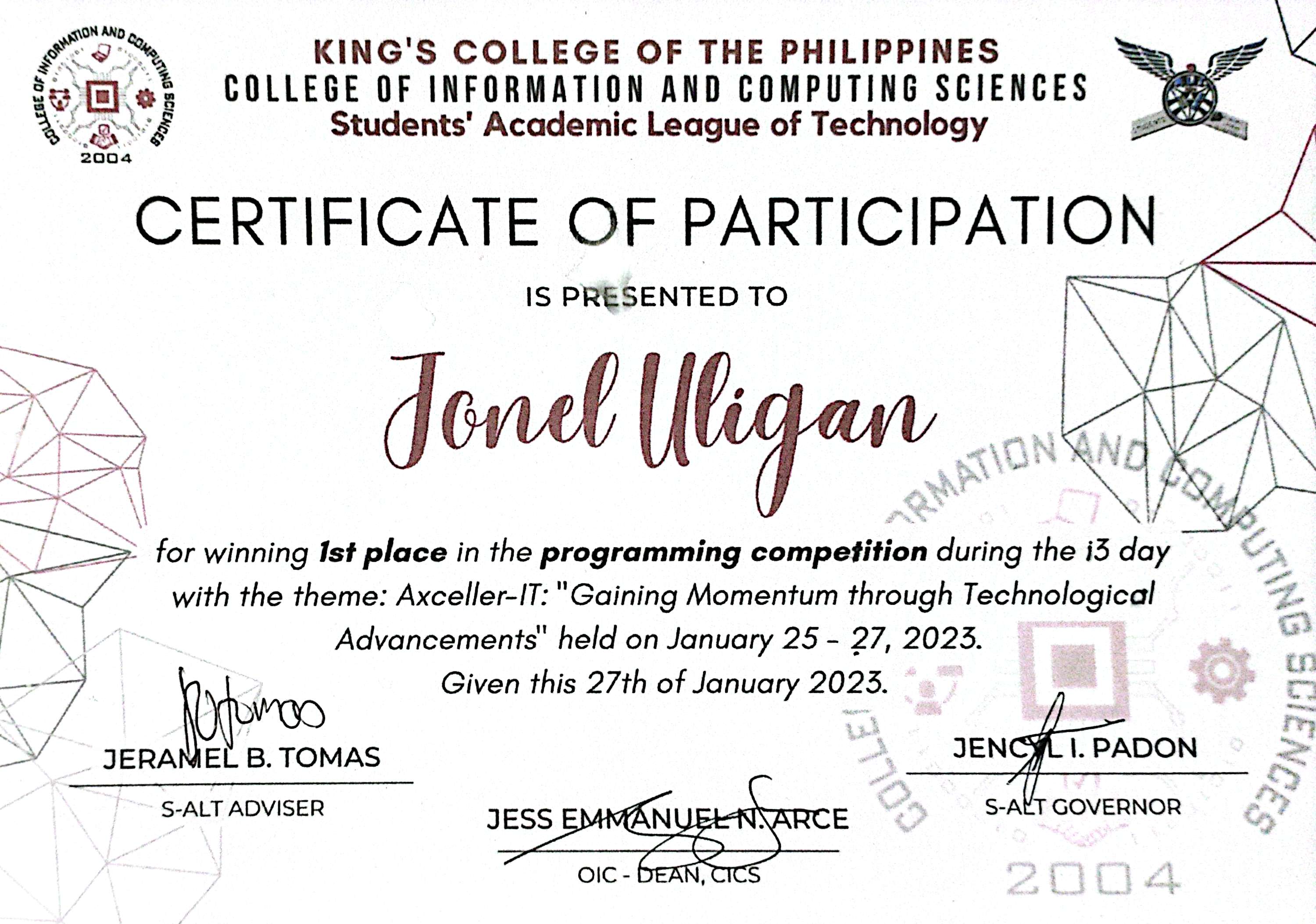Programming competition certificate