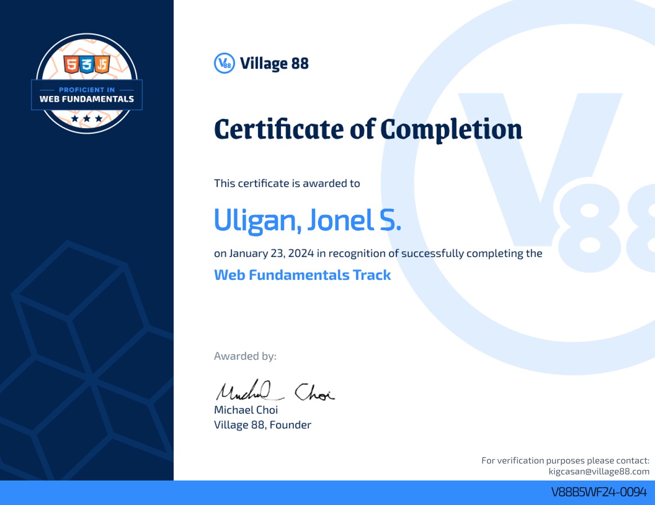 Village 88 certificate